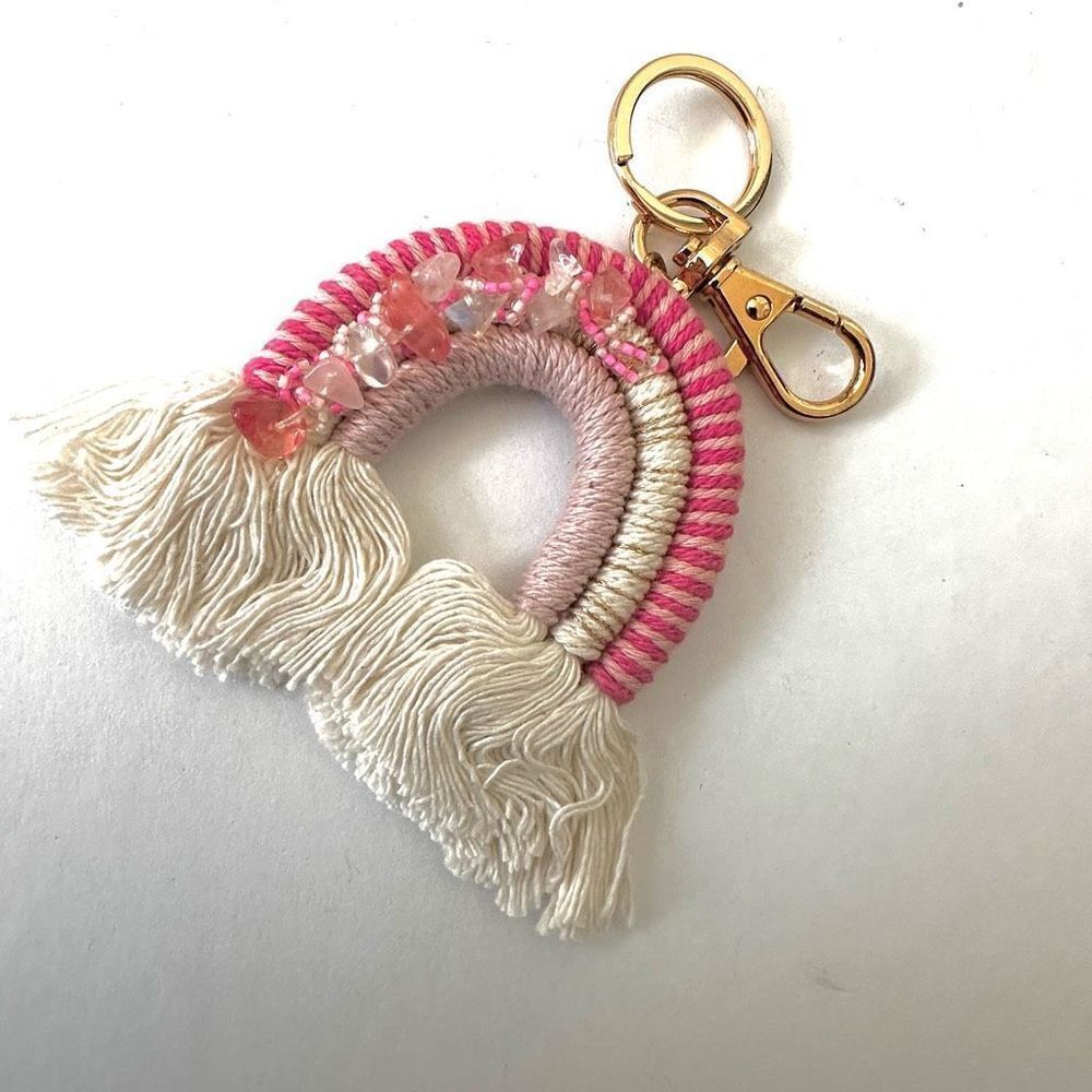 Pink macrame rainbow keychain